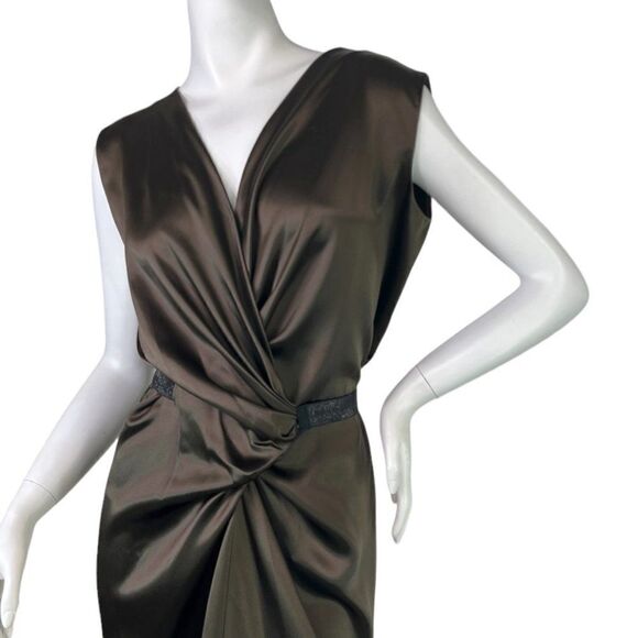 Ports 1961 Brown Elegant Silk Sleeveless V-Neck Ruched Sheath Dress, Size 6 - Picture 2 of 14